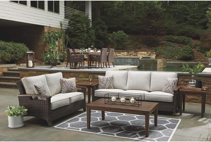 Signature Design by Ashley Paradise Trail Outdoor Loveseat with All Weather Cushions, Nuvella Weather Resistant Fabric, Medium Brown
