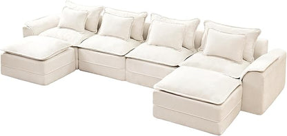 Hobestluk 152" Cloud Modular Sectional Couch 4-Seater Sofa with Ottomans U Shaped Couch Deep Seat Sofa with Removable Cover for Living Room (Beige, 4-Seater Sofa with Two Ottomans)