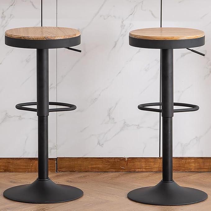 Kidol & Shellder Bar Stools Set of 4 Round Adjustable Swivel Barstools Modern Backless Bar Chairs Wooden Seat Counter Height Stools Armless for Kitchen Island, Cafe, Dining Room Black
