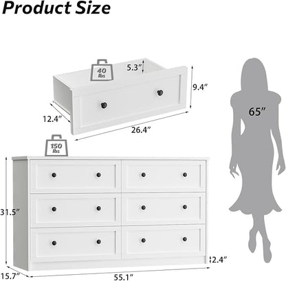 6 Drawer Double Dresser for Bedroom, 55.1" Wide Dressers & Chests of Drawers with Large Capacity Storage,White Dresser for Bedroom,Hallway,White