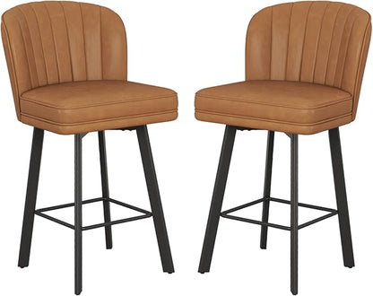 Swivel Counter Height Bar Stools Set of 2, 26'' Modern Barstools with Backs and Metal Legs, Upholstered Bar Chairs, Faux Leather Whiskey Brown Stools for Kitchen Island Chairs