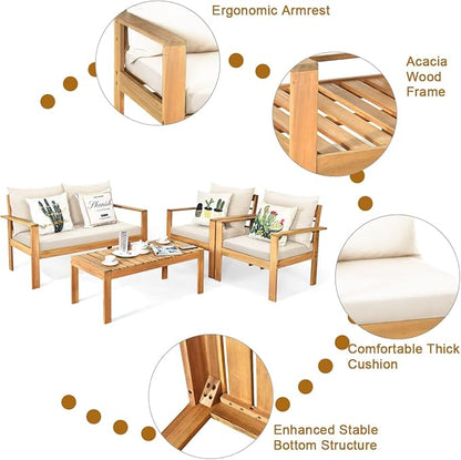 COSTWAY 4 Pieces Outdoor Acacia Wood Sofa Set, Outdoor Conversation Sofa Set with Table & Cushions Porch Chairs for Garden, Patio, Deck