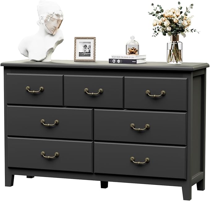 Black Dresser for Bedroom, Modern Style 7 Drawer Dresser with Vintage Gold Antique Handles, Chest of Drawers for Bedroom, Antique Black