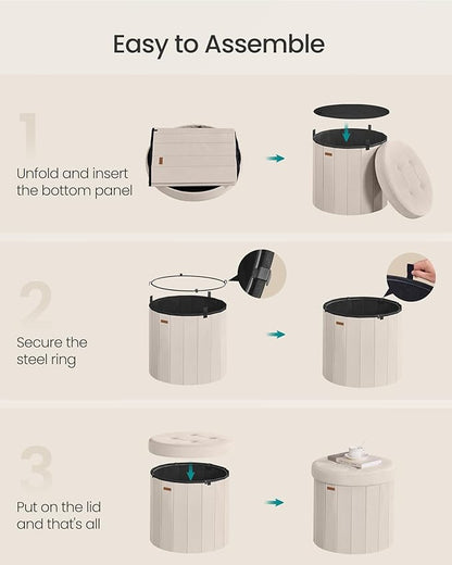 SONGMICS Mazie Collection - Round Storage Ottoman, Folding Footrest Stool with Removable Lid, Easy Assembly, Velvet Vanity Stool for Bedroom, Living Room, Entryway, Cappuccino Beige ULSF608L01
