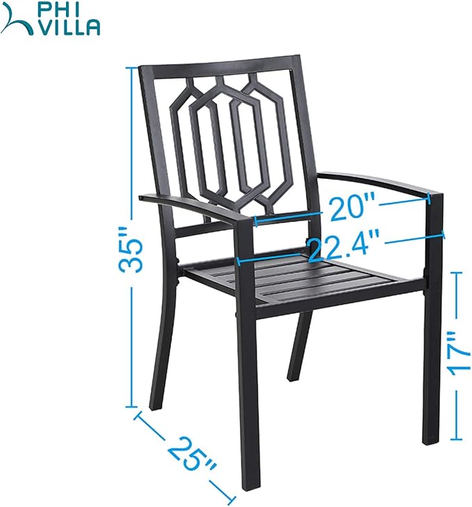 PHI VILLA Metal Outdoor Dining Chairs Set of 6 - Stackable Black Patio Chairs, 300lb Capacity (Geometry)