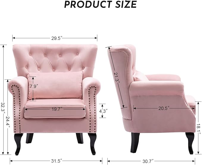 Accent Reading Arm Chairs Set of 2 for Living Room Bedroom, Midcentury Modern Comfy Corner Sofa Chair, Wingback Waiting Room Club Chair with Button Tufted Back &Lumbar Pillow, Velvet Pink