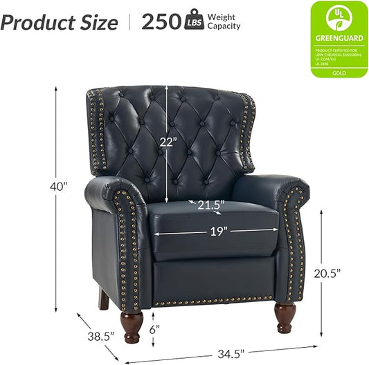 HULALA HOME Genuine Leather Recliner Chair Set of 2 w/Solid Wood Feet, Modern Adjustable Tufted Push Back Arm Chair w/Rivet Decoration, Home Theater Seating Reclining Sofa for Living Room, Navy
