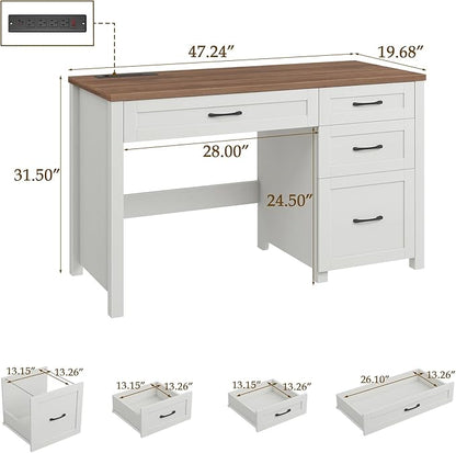 Vabches Farmhouse 47" Executive Desk, Computer Desk with File Drawer and Charging Station, Workstation for Home Office & Study.Off White