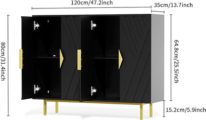 Sideboard Buffet Cabinets with Storage, 47.2" Mid-Century Modern Storage Cabinets with Adjustable Shelves, Relief 4 Doors Accent Cabinets, Wood Console Cabinet for Dining Living Room, Entryway, Black