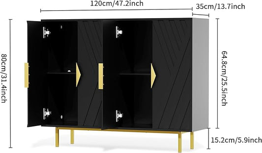 Sideboard Buffet Cabinets with Storage, 47.2" Mid-Century Modern Storage Cabinets with Adjustable Shelves, Relief 4 Doors Accent Cabinets, Wood Console Cabinet for Dining Living Room, Entryway, Black