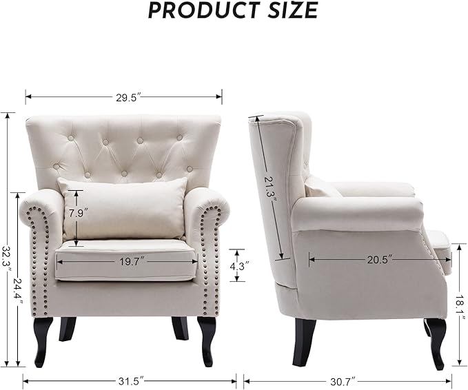 Accent Reading Arm Chairs for Living Room Bedroom, Midcentury Modern Comfy Corner Sofa Chair, Wingback Waiting Room Club Chair with Button Tufted Back &Lumbar Pillow, Linen Beige