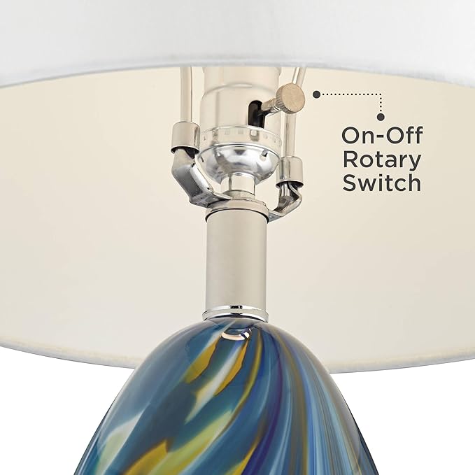 Possini Euro Design Pablo Modern Style 3-Way Table Lamp with Table Top Dimmer 27" Tall Multi Color Blue Art Glass Fabric Drum Shade for Living Room Bedroom Bedside Nightstand Home (Color May Vary)