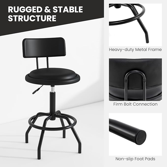 COSTWAY Adjustable Height Bar Stool, 360 Degree Swivel, Modern Guitar Stool for High Ergonomic Seating, with PU Leather Cushion, Heavy Duty Steel Frame for Bar, Shop and Music, Garage, Black