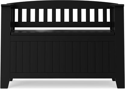 SIMPLIHOME Acadian Entryway Storage Bench - 36 inch Wide Solid Wood Small Hallway Seat in Black, Transitional Bench for Mudroom or Entryway with Lift-Up Lid, 2 Compartments and Slatted Backrest