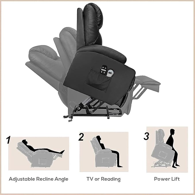 Flamaker Power Lift Recliner Chair Electric Lift Recliner for Elderly Power Lift Recliner Chair with Cup Holders Side Pockets for Living Room (Leather, Dark Black)