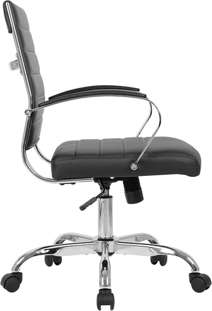 LANDSUN Home Office Chair Mid Back Desk Chair PU Leather Ribbed Executive Swivel Computer Chair with Wheels and Armrests Soft Padded Adjustable Height Conference Task Black