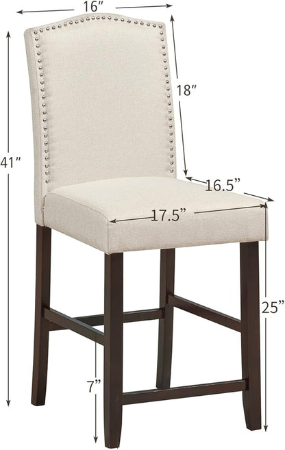 COSTWAY Bar Stools Set of 2, 25'' Upholstered Counter Height Bar Stools with S-Shaped Spring Thick Cushion, Rubber Wood Legs, High Back Leisure Chairs for Living, Kitchen, Dining Room (Beige, 2)