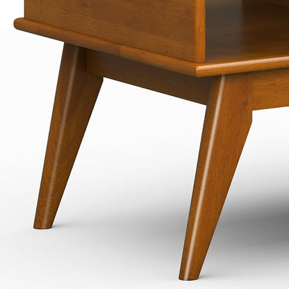 SIMPLIHOME Draper Lift Top Coffee Table - 48 inch Wide Solid Hardwood Mid-Century Modern Cocktail Table in Teak Brown, Functional Living Room Table with Storage Compartment, Open Shelf and Angled Legs