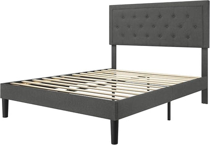 Allewie Queen Size Button Tufted/Fabric Upholstered Bed Frame with Adjustable Headboard/Wood Slat Support/Mattress Foundation/Dark Grey