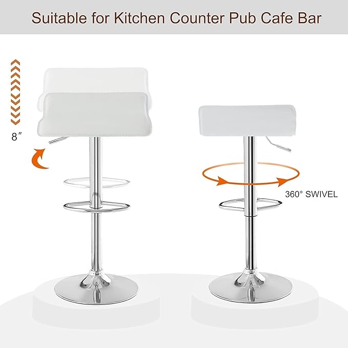 VECELO Bar Stools Set of 2, Swivel Bar Chairs, Adjustable Counter Bar Stools, Modern Armless PVC Stools for Kitchen/Island/Bar/Dining Room/Party, Pearl White