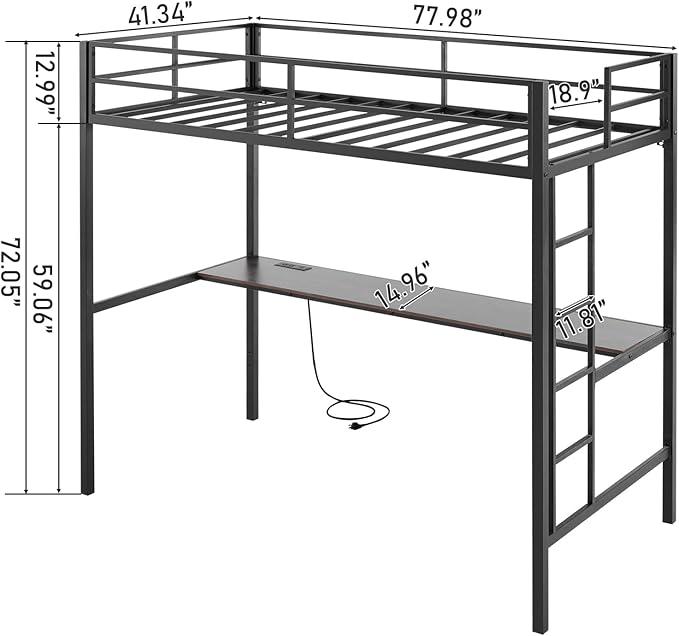 Karl home Twin Metal Loft Bed with Desk, with Power Outlet and LED Lighted, Safety Guardrail & Ladder, Space Saving, No Noise, No Box Spring Needed, Black&Brown