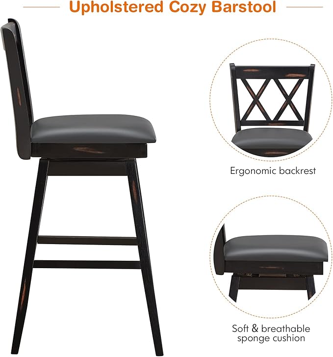 COSTWAY Bar Stool Set of 2, 360 ° Swivel Counter Height 29.5 inch Bar Stool with Foot Rest Upholstered Cushion & Ergonomic Backrest, Premium Foot Rest & Sturdy Frame (4, Black + Grey)