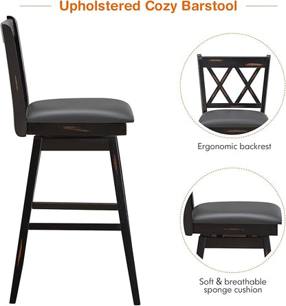COSTWAY Bar Stool Set of 2, 360 ° Swivel Counter Height 29.5 inch Bar Stool with Foot Rest Upholstered Cushion & Ergonomic Backrest, Premium Foot Rest & Sturdy Frame (4, Black + Grey)