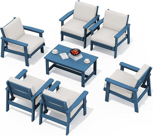 SERWALL HDPE Outdoor Furniture Set, 7 Piece All Weather Wood-Like Outdoor Sofa Sectional Couch, Blue Patio Furniture Set with Khaki Cushions
