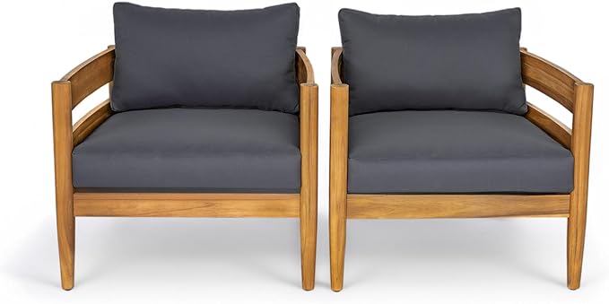 Christopher Knight Home Annie Acacia Wood Outdoor Chairs Set of 2, Patio Lounge Chair Outdoor with Slatted Back, Accent Chair with Cushions, Stylish Armchair for Balcony/Garden, Dark Gray + Teak