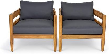 Christopher Knight Home Annie Acacia Wood Outdoor Chairs Set of 2, Patio Lounge Chair Outdoor with Slatted Back, Accent Chair with Cushions, Stylish Armchair for Balcony/Garden, Dark Gray + Teak