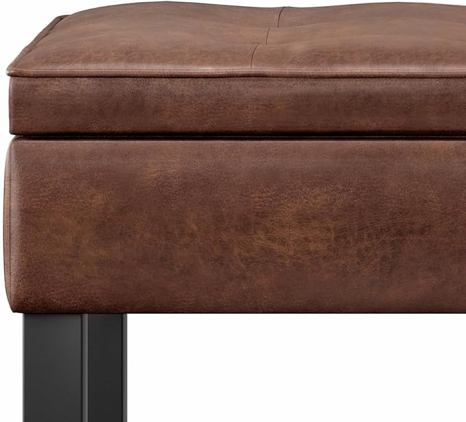 SIMPLIHOME Cosmopolitan 44 inch Wide Transitional Rectangle Storage Ottoman Bench with Open Bottom in Distressed Saddle Brown Vegan Faux Leather, Assembled for the Living Room and Bedroom
