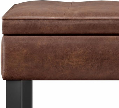 SIMPLIHOME Cosmopolitan 44 inch Wide Transitional Rectangle Storage Ottoman Bench with Open Bottom in Distressed Saddle Brown Vegan Faux Leather, Assembled for the Living Room and Bedroom