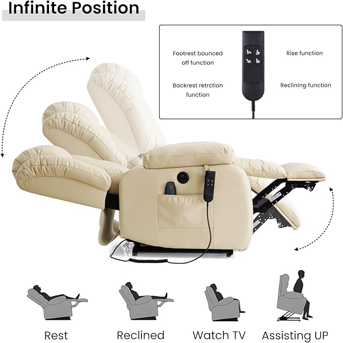 TEKAMON Power Lift Recliner Chair for Elderly with Heat & Massage, Dual Motor Breathable Leather Recliner, Lay Flat Sleeping Chairs with Infinite Position, Remote Control & USB Type-c Ports(Beige)
