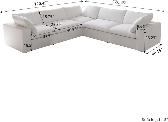 Cloud Couch Modular Sectional Sofa,160.6" Down Filled 5 Seater Convertible Sectional Sofas,V Shaped Couch for Living Room,Covers Washable&Replaceable,White