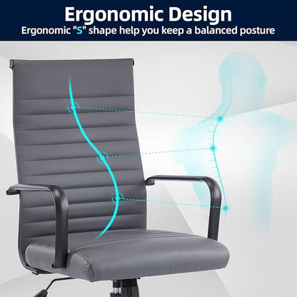 Office Chair, Ergonomic Executive Conference Room Chairs, Ribbed Leather Desk Chair with Lumbar Support, Adjustable Height Mid-Back Swivel Chair with Padded Seat