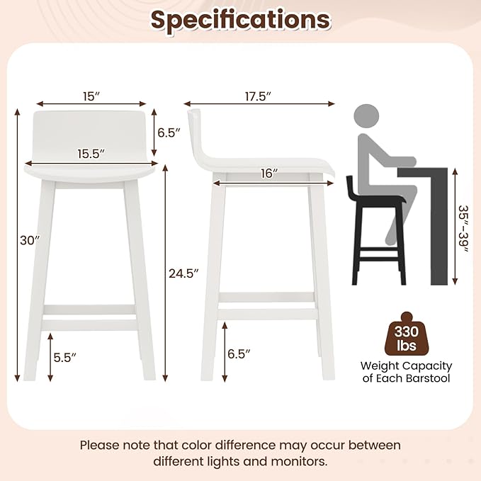 COSTWAY Solid Wood Bar Stools Set of 2, 24.5-inch Counter Height Chairs with Low Back and Footrest, Farmhouse Wooden Armless barstools for Kitchen Island, Dining Room, Cafe, Breakfast, White