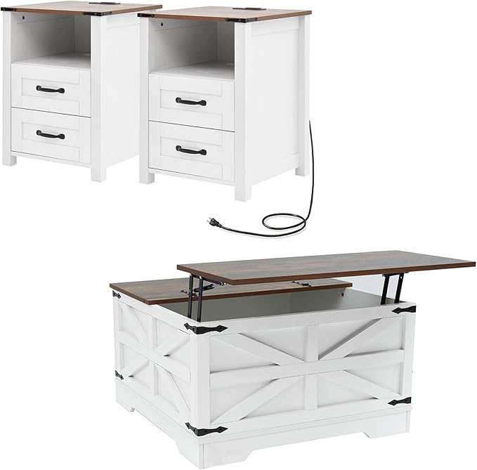 Farmhouse Coffee Table Set of 3, Lift Top Coffee Table with Sliding Barn Doors and Nightstands Set of 2 with Charging Station, Living Room Table Set for Home Office, White