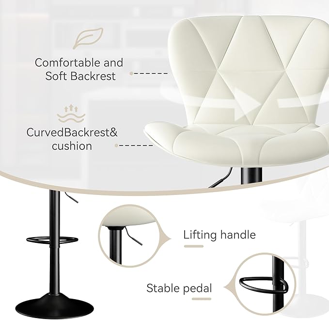 Bar Stools Set of 2,Adjustable Swivel Barstools,Counter Height Barstools with Backs Faux Leather Kitchen Island Bar Chair, White