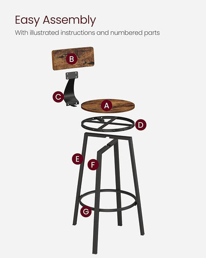 VASAGLE Bar Stools Set of 4, Bar Height Stools, 28.9 Inches Counter Barstools Chairs with Back for Dining Kitchen Island, Steel Frame, Industrial Style, Easy Assembly, Rustic Brown and Ink Black