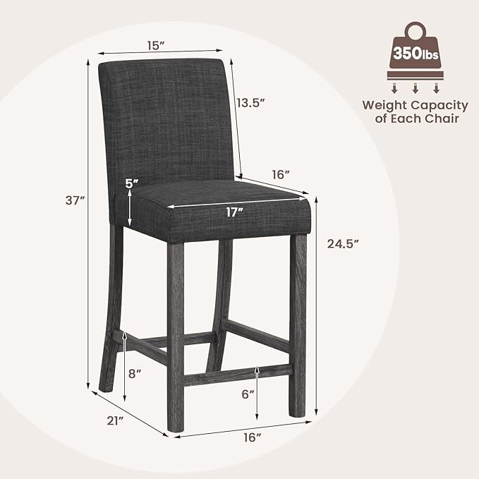 COSTWAY Counter Height Bar Stools Set of 2, 24.5’’ Upholstered Mid Century Modern Island Chairs with Rubber Wood Legs, Wooden Barstools for Kitchen, Dining Room, Bar, Restaurant (Grey)
