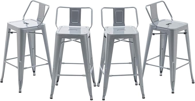 HAOBO Home 26" Low Back Metal Counter Stool Height Bar Stools [Set of 4] Barstools, Silver