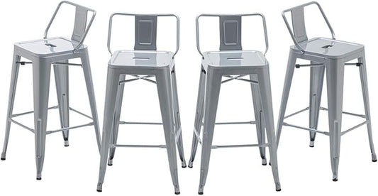 HAOBO Home 26" Low Back Metal Counter Stool Height Bar Stools [Set of 4] Barstools, Silver