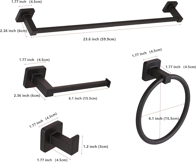 5 Pieces Black Bathroom Hardware Set,Wall Mounted 23.6 inch Towel Bar Set Matte Black,Towel Rack Set,Toilet Paper Holder,Matte Black Bathroom Accessories Set