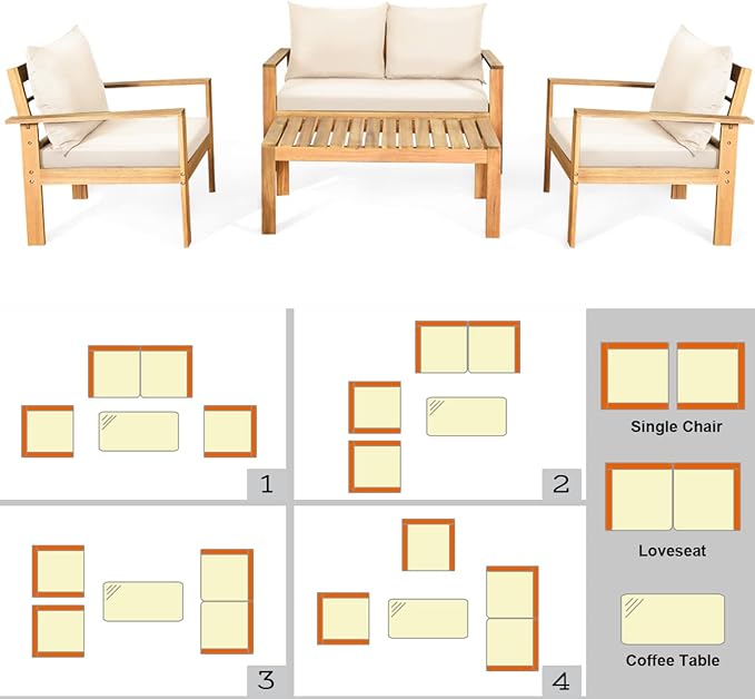 COSTWAY 8 Pieces Outdoor Acacia Wood Sofa Set, Outdoor Conversation Sofa Set with Table & Cushions Porch Chairs for Garden, Patio, Deck