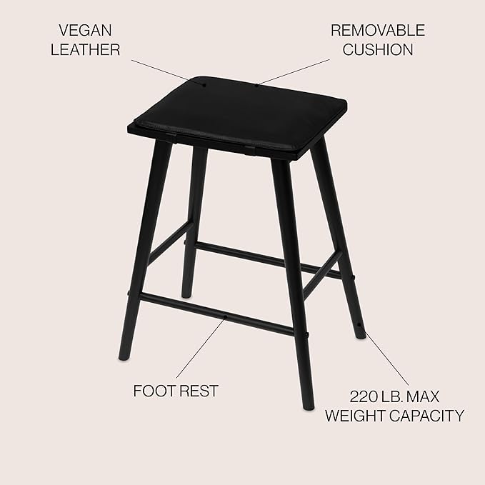 JONATHAN Y CSL2002C Peroni 26" MidCentury Classic Saddle-Seat Solid Wood/Vegan Leather Backless Counter Stool for Home, Kitchen, Workspaces, Cafes and Resturants with Removeable Cushion, Black