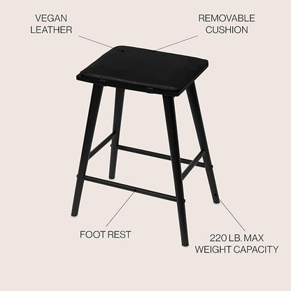 JONATHAN Y CSL2002C Peroni 26" MidCentury Classic Saddle-Seat Solid Wood/Vegan Leather Backless Counter Stool for Home, Kitchen, Workspaces, Cafes and Resturants with Removeable Cushion, Black