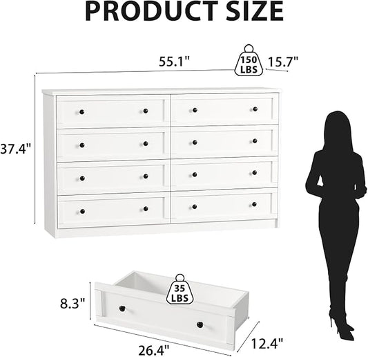 CHUWELL 8 Drawer Large Dresser for Bedroom, 55.1" Wide White Dressers & Chests of Drawers with Large Capacity Storage,Dresser for Bedroom