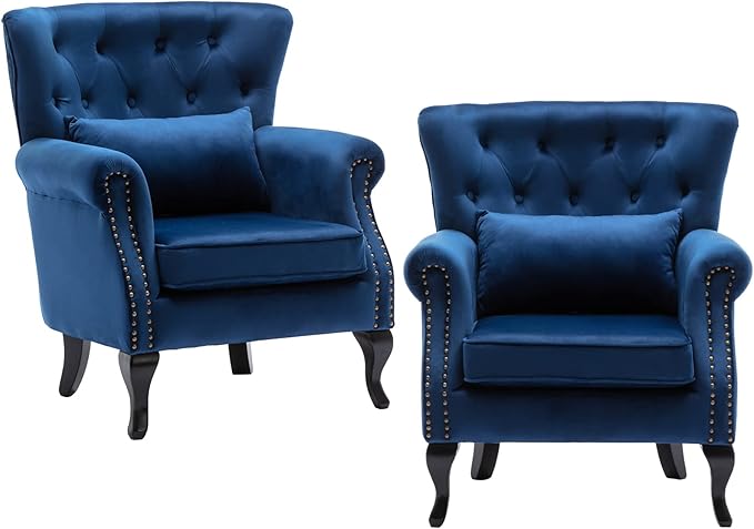 chairus Mid-Century Modern Accent Chairs Set of 2 Comfy Tufted Single Sofa Chair Wingback Armchair with Pillow for Club, Living Room, Bedroom - Velvet, Blue