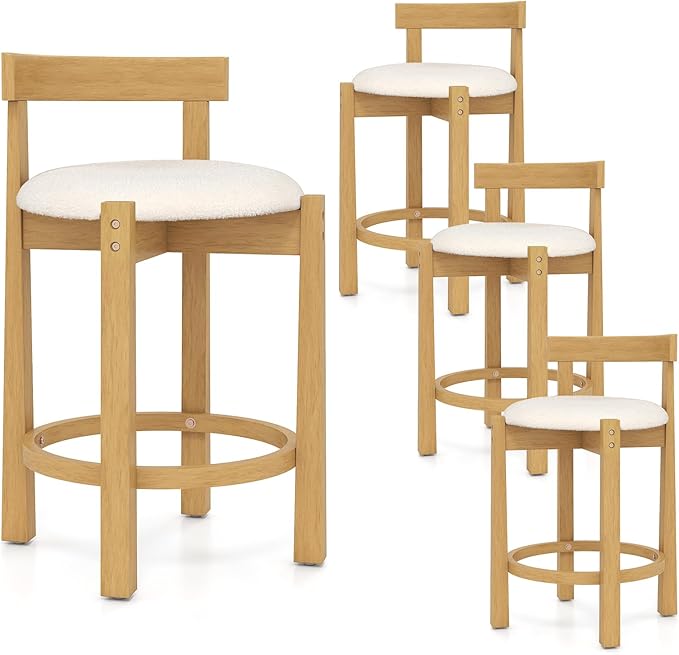 COSTWAY 24'' Counter Height Bar Stools Set of 4, Teddy Velvet Upholstered Bar Chairs with Backrests and Footrests, Wood High Barstools for Kitchen Island and Dining Room (Natural)