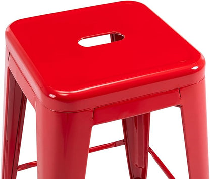 Vogue Furniture Direct 24" High Bar Stools Backless Red Metal Barstools Indoor-Outdoor Counter Height Stools with Square Seat, Set of 4